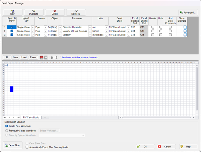 Screen shot of the Excel Export Manager window